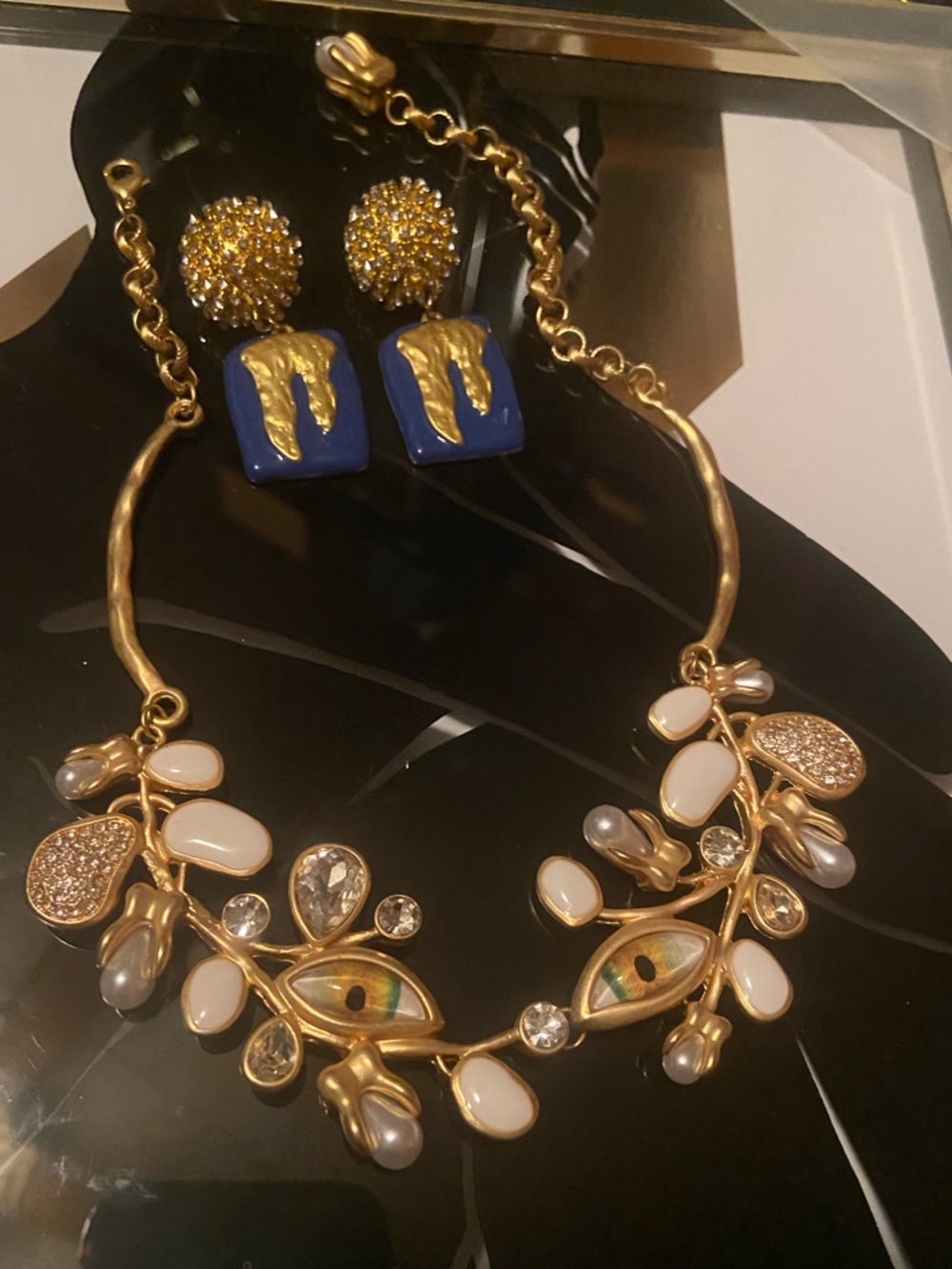 Schiaparelli Gold & Crystal w/ Eyes Statement Necklace and Earrings